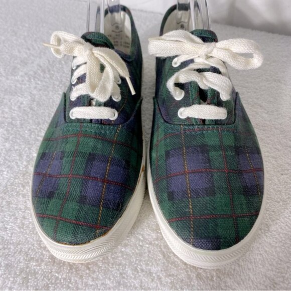 Vintage Hanes Her Way Green Blue Plaid Canvas Lace Up Sneakers 8 - Picture 2 of 11